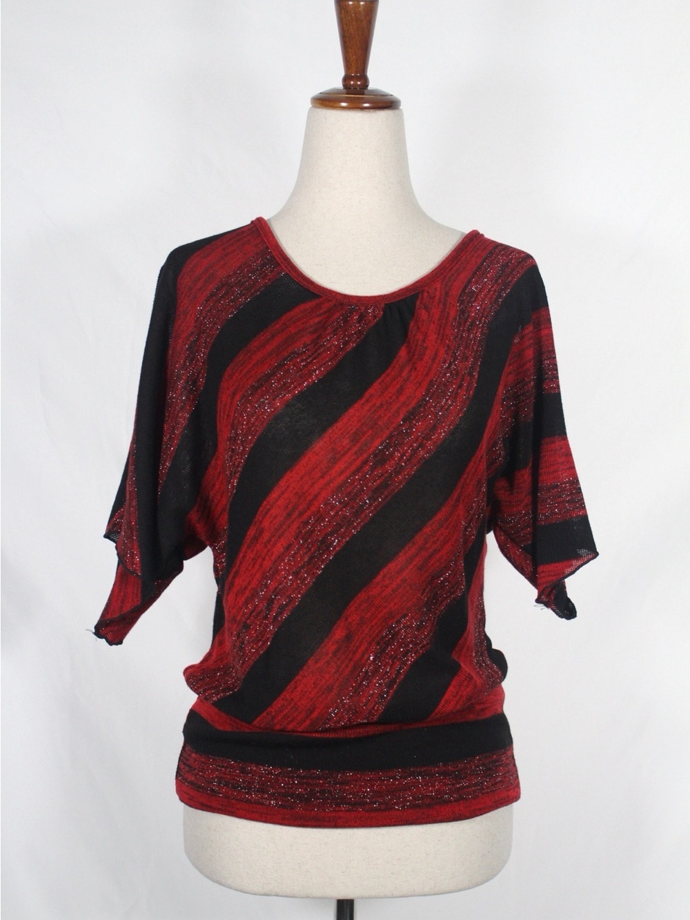 Y2K 2000s Iz Byer Red and Black Diagonal Stripe Knit Top w/ Lace & Metallic